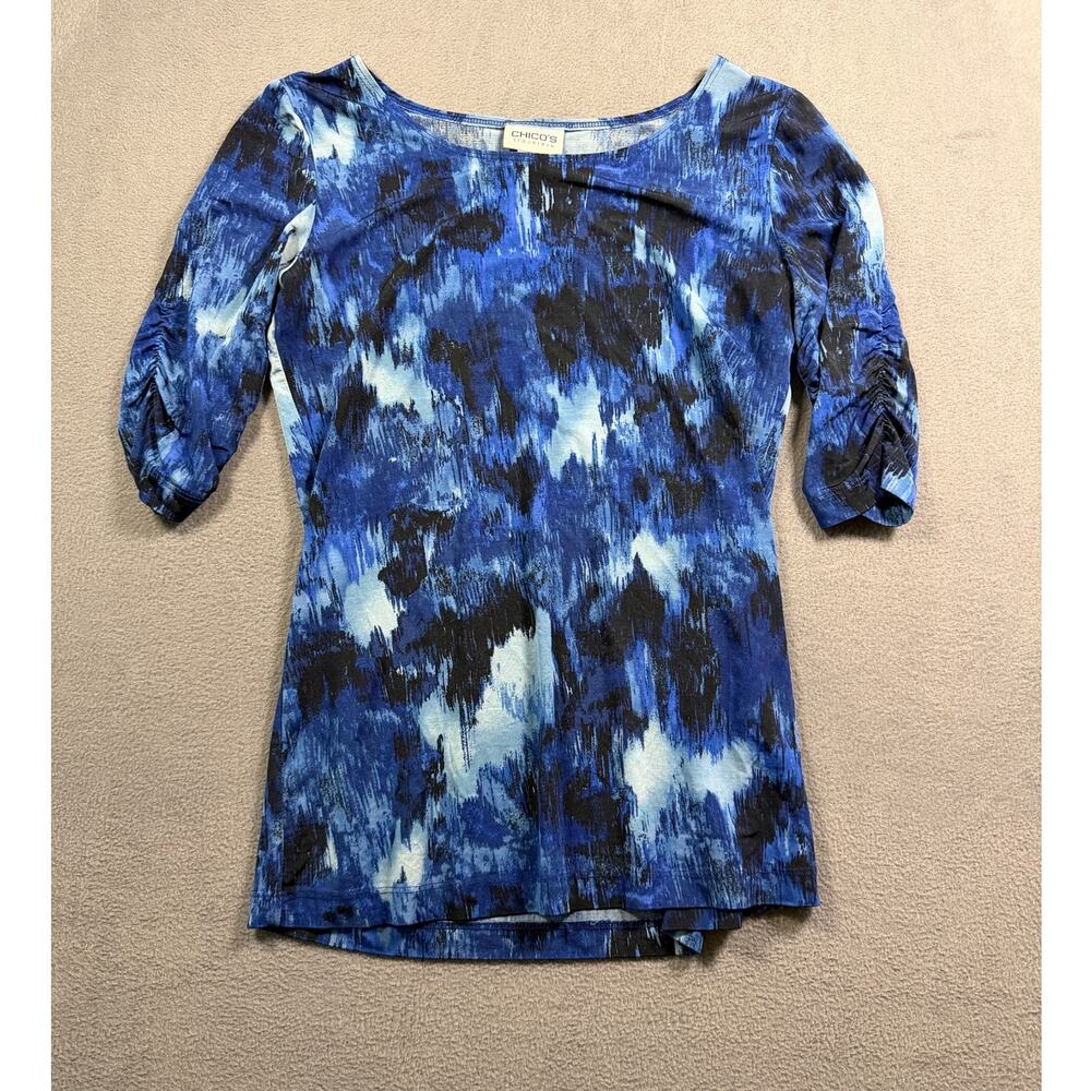 Chicos Travelers 0 Blue Black Abstract Watercolor Ruched Sleeve Blouse Top S 4